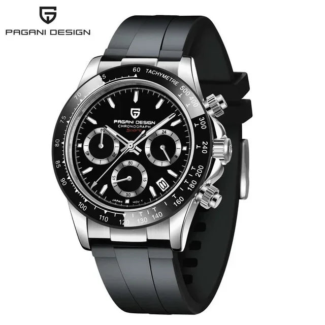 Pagani Design black chronograph watch with tachymeter bezel and black rubber strap