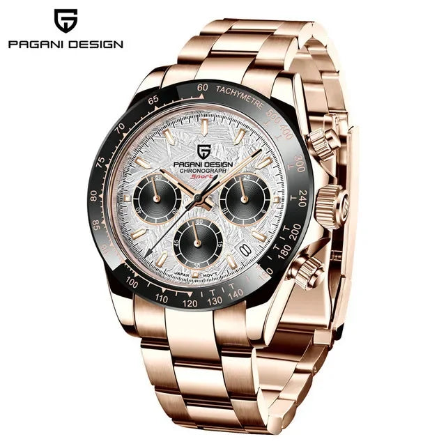 Rose gold Pagani Design chronograph watch with tachymeter bezel and silver textured dial