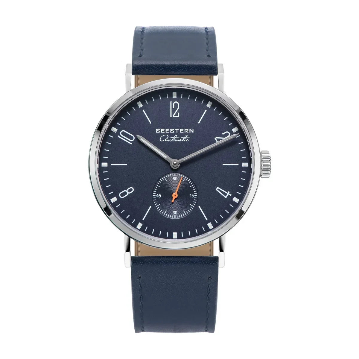 Seestern automatic wristwatch with navy blue dial, silver case, and matching leather strap