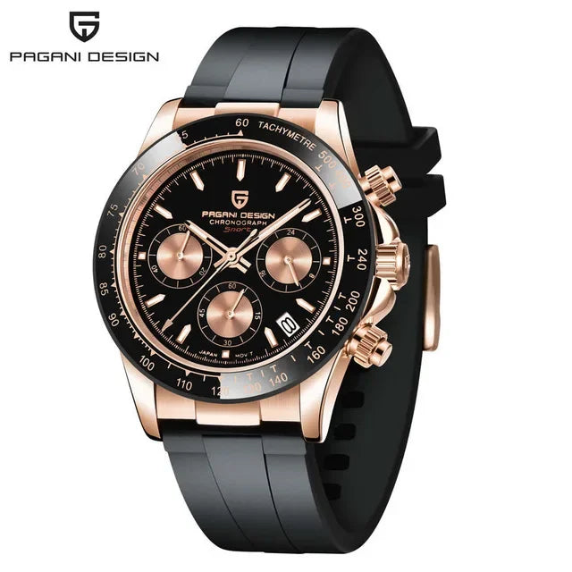 Pagani Design chronograph watch with black dial, rose gold case, black silicone strap, tachymeter bezel