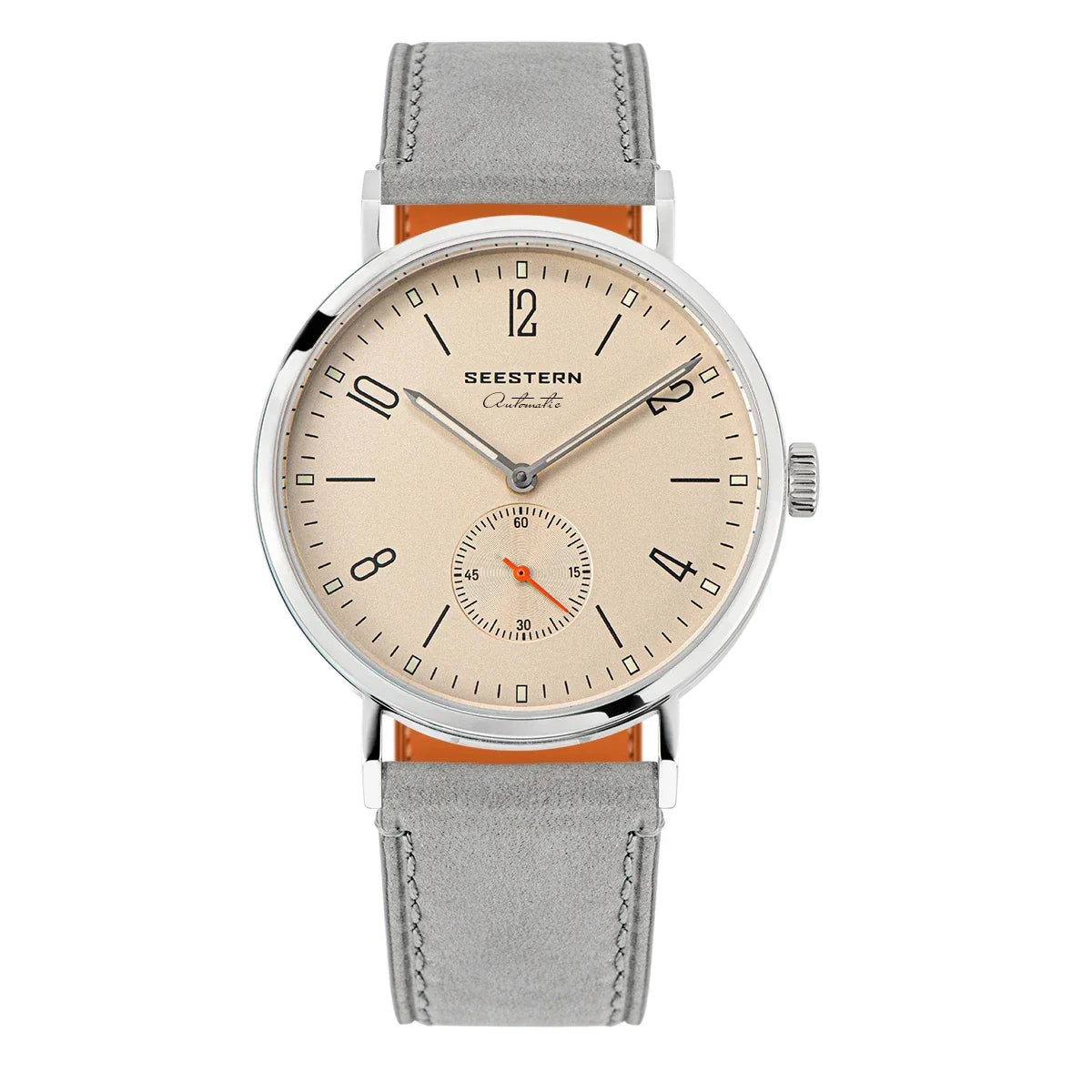 Seestern automatic wristwatch with beige dial, silver hour markers, and gray leather strap
