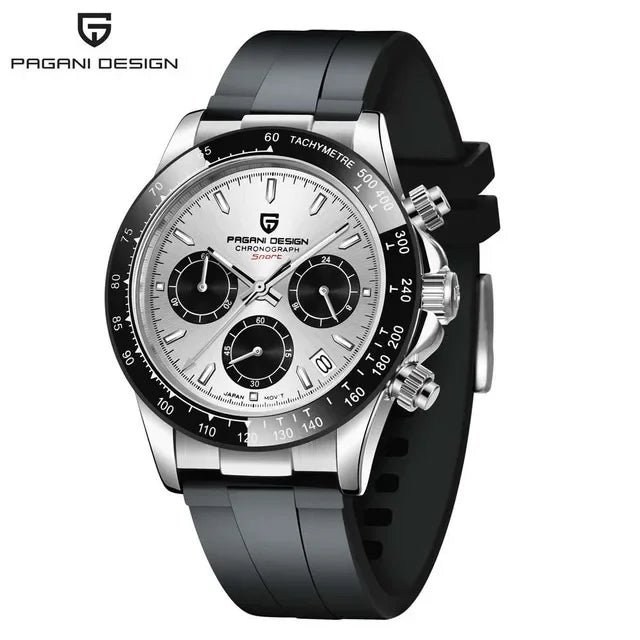 Pagani Design chronograph sport watch with tachymeter bezel, silver dial, black subdials, and black rubber strap