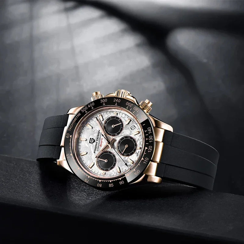 PAGANI DESIGN chronograph watch with black rubber strap, rose gold case, and textured white dial