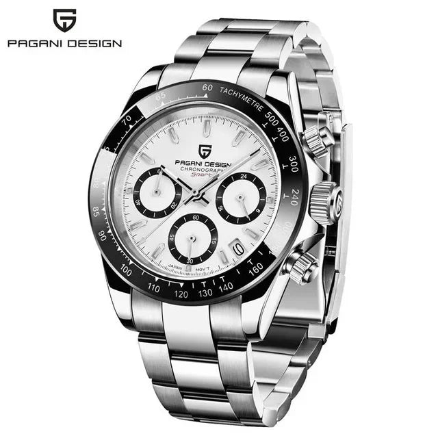 Pagani Design stainless steel chronograph watch with white dial and black tachymeter bezel