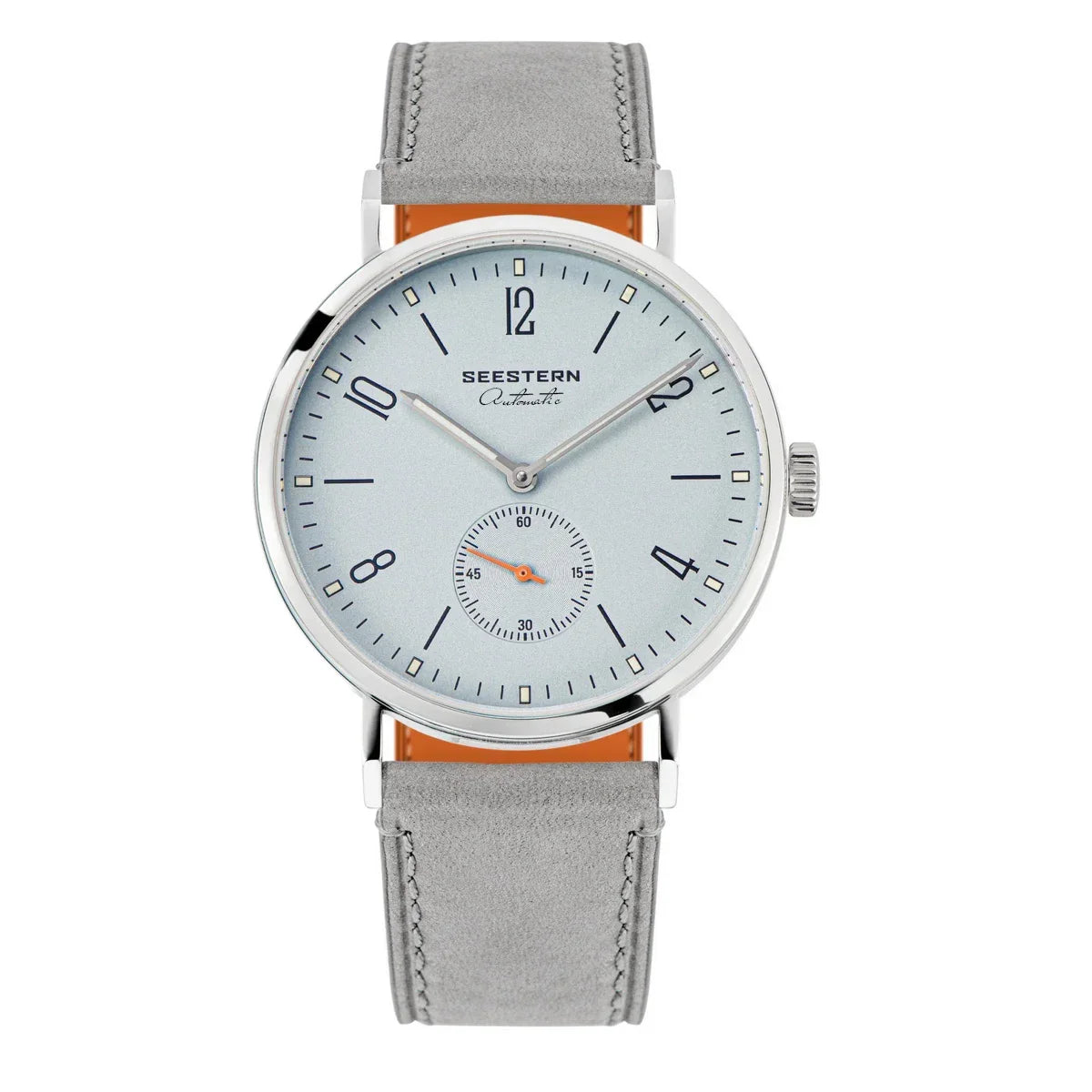SEESTERN automatic wristwatch with silver dial, gray leather strap, and subdial seconds