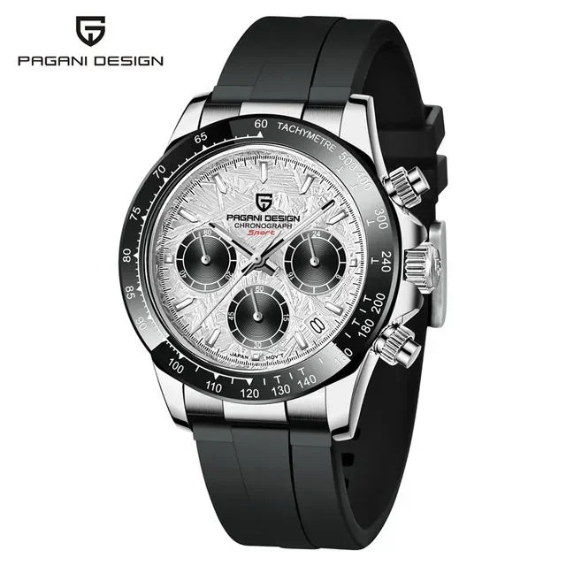 Pagani Design sporty chronograph watch with silver textured dial, black tachymeter bezel, and black rubber strap