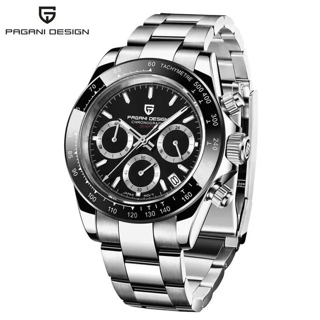 Pagani Design stainless steel chronograph wristwatch with black tachymeter bezel and subdials