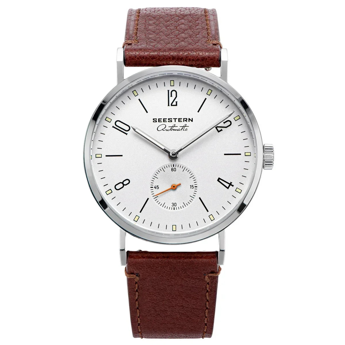 Seestern Automatic wristwatch with white dial, silver case, brown leather strap, and small seconds subdial