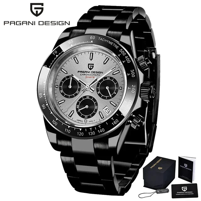 Black Pagani Design chronograph sport watch with tachymeter bezel and black metal bracelet, shown with box and manual