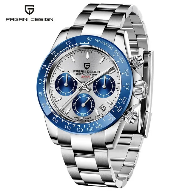 Pagani Design stainless steel chronograph watch with blue tachymeter bezel and silver dial