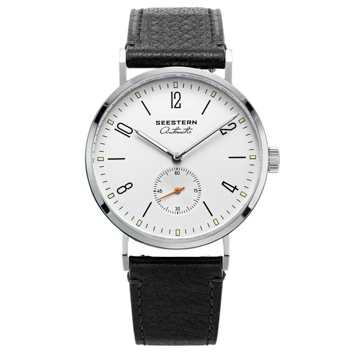 Seestern automatic wristwatch with white dial, black leather strap, and small seconds subdial
