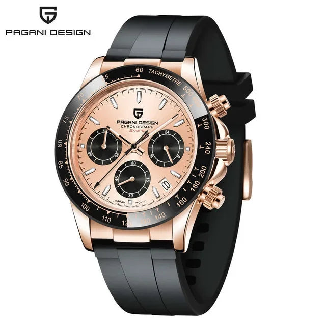 Pagani Design chronograph watch with rose gold case, black tachymeter bezel, and black silicone strap