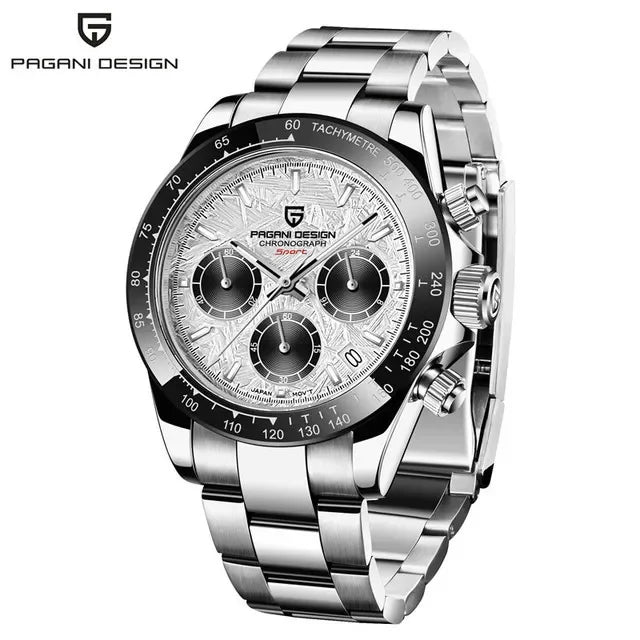 Pagani Design stainless steel chronograph wristwatch with tachymeter bezel and textured silver dial