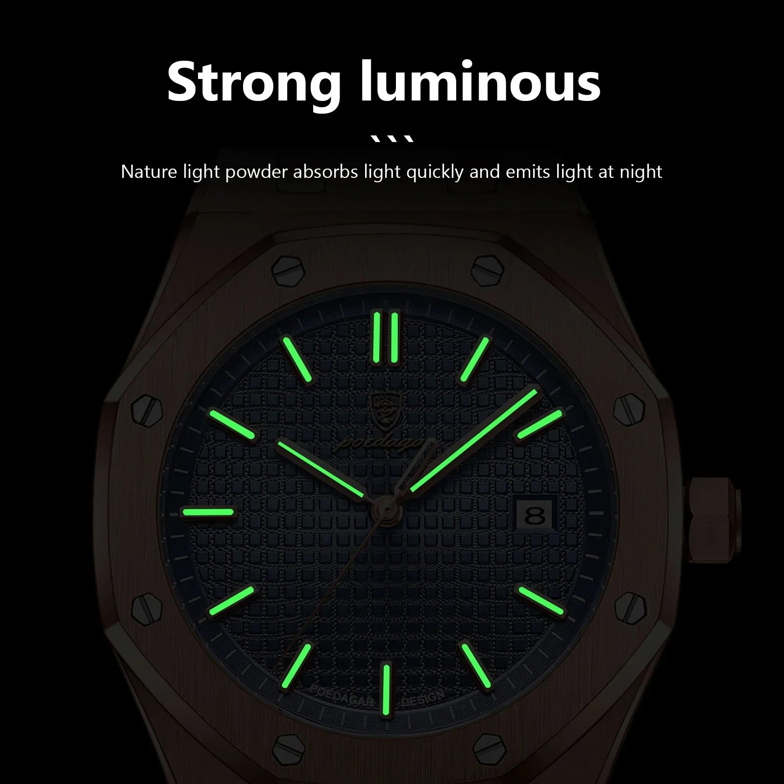 Close-up of a wristwatch with strong luminous green hour markers and hands on a textured dark dial