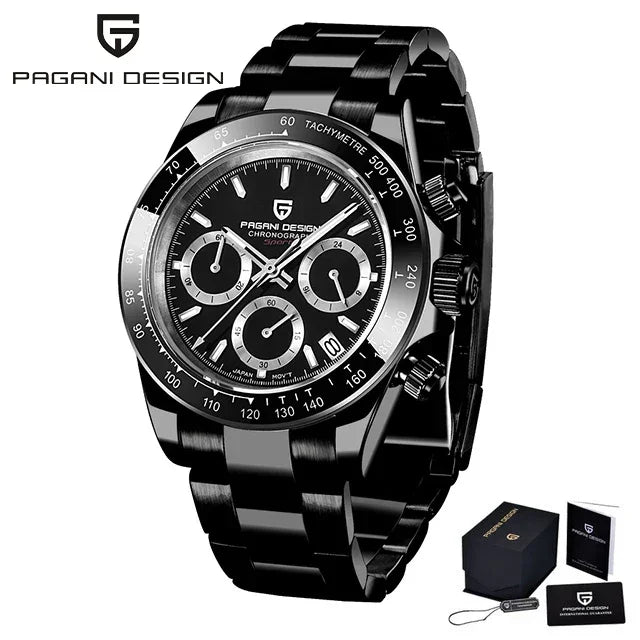 Black Pagani Design chronograph wristwatch with stainless steel band and tachymeter bezel, shown with packaging
