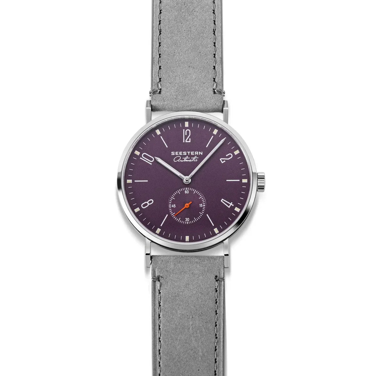 Seestern automatic wristwatch with purple dial and gray leather strap on white background