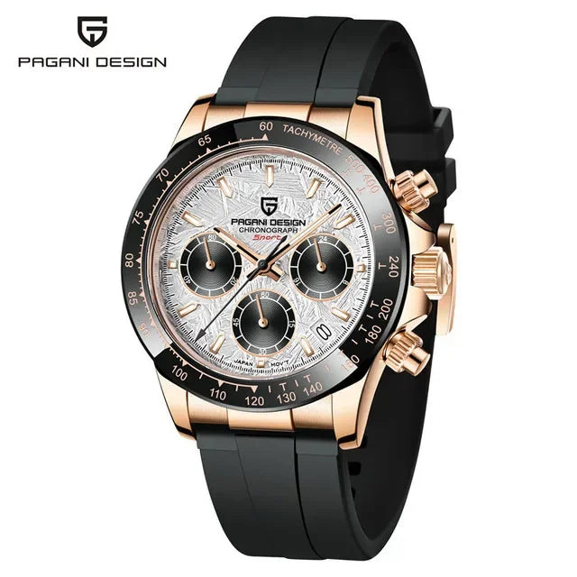 Pagani Design chronograph watch with rose gold case, black silicone strap, tachymeter bezel, and textured silver dial