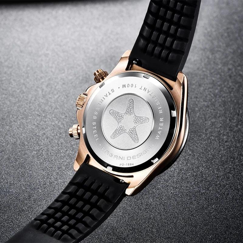 Back of stainless steel Pagan Design watch with water resistance 100M and black textured rubber strap