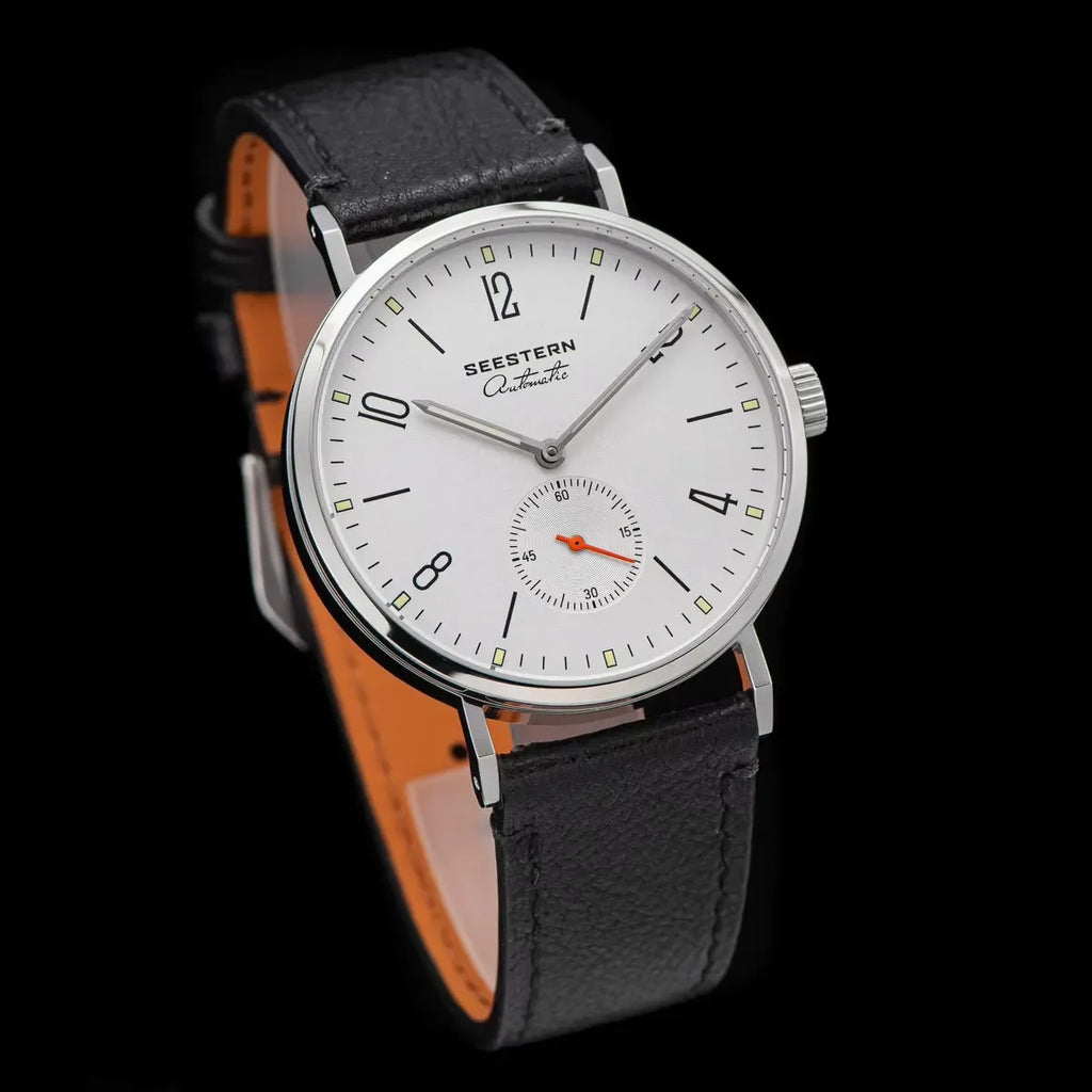 Seestern automatic wristwatch with white dial, black leather strap, and small seconds subdial