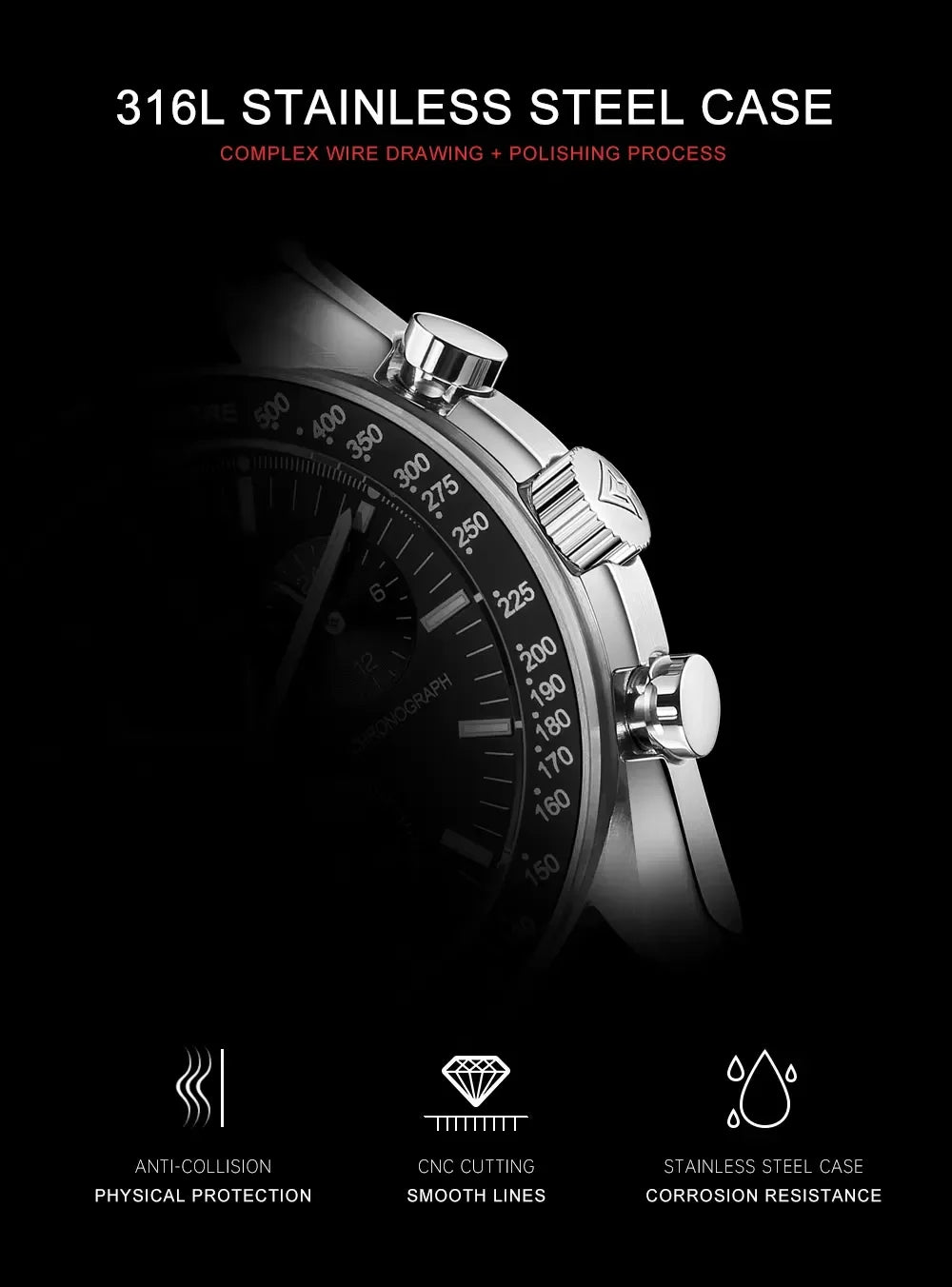 Close-up of a polished 316L stainless steel watch case with buttons and chronograph dial