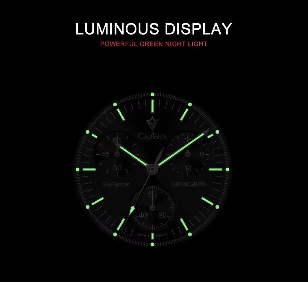 Cadisen watch face with luminous green hour markers and hands in dark setting, highlighting night visibility