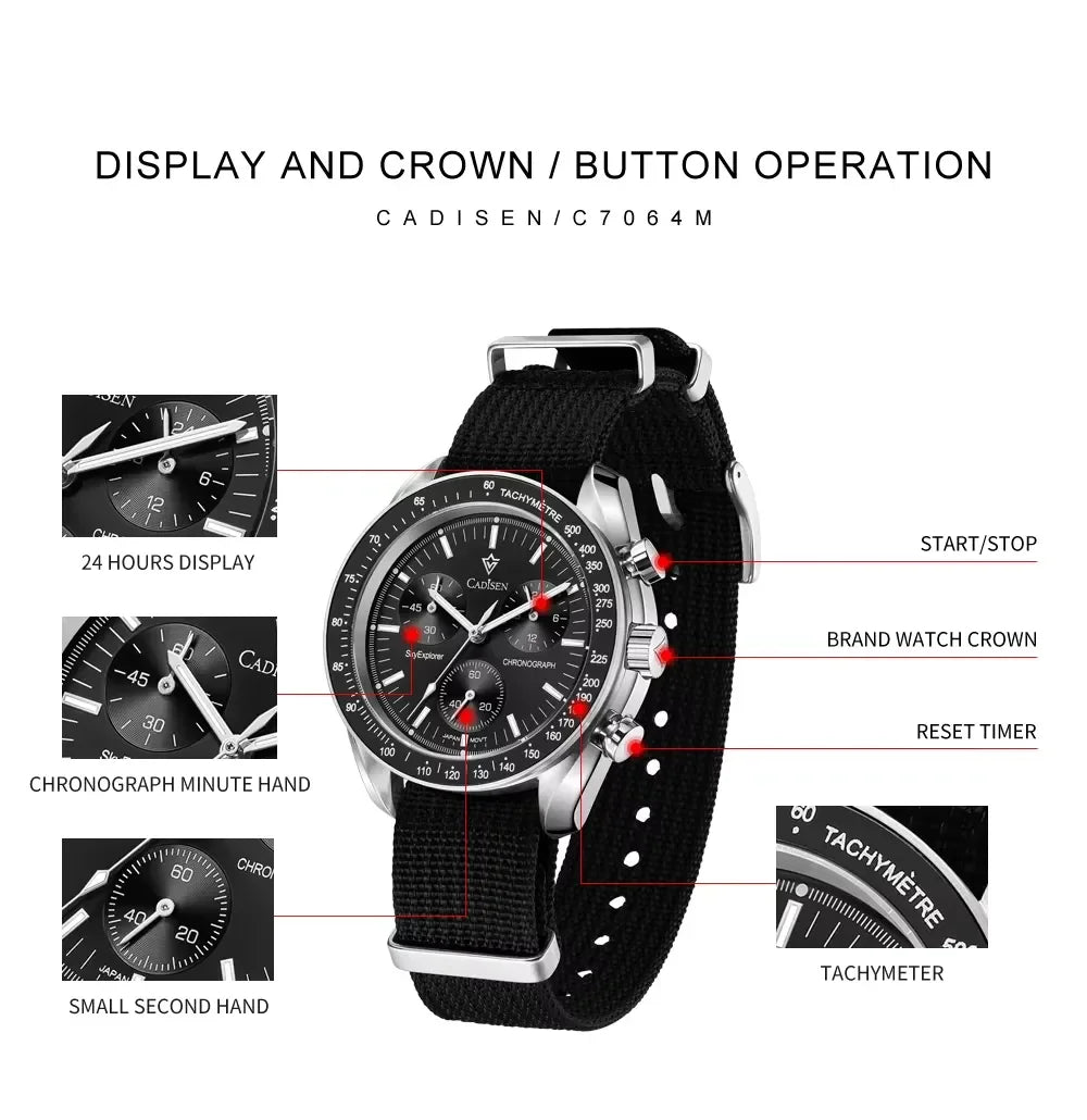 Black CADISEN C7064M chronograph watch with tachymeter and fabric strap showing dial and crown functions