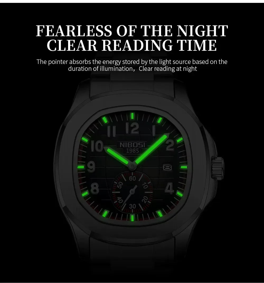 NIBOSI 1985 wristwatch with glowing green hands and markers for clear night reading