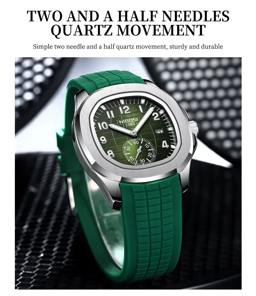 NIBOSI 1985 wristwatch with green dial, two and a half needle quartz movement, and green rubber strap